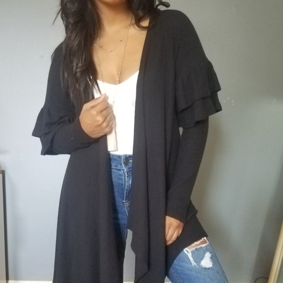 LAST ONE//RUFFLE ME UP BLACK RIBBED OPEN CARDIGAN - Picture 2 of 7